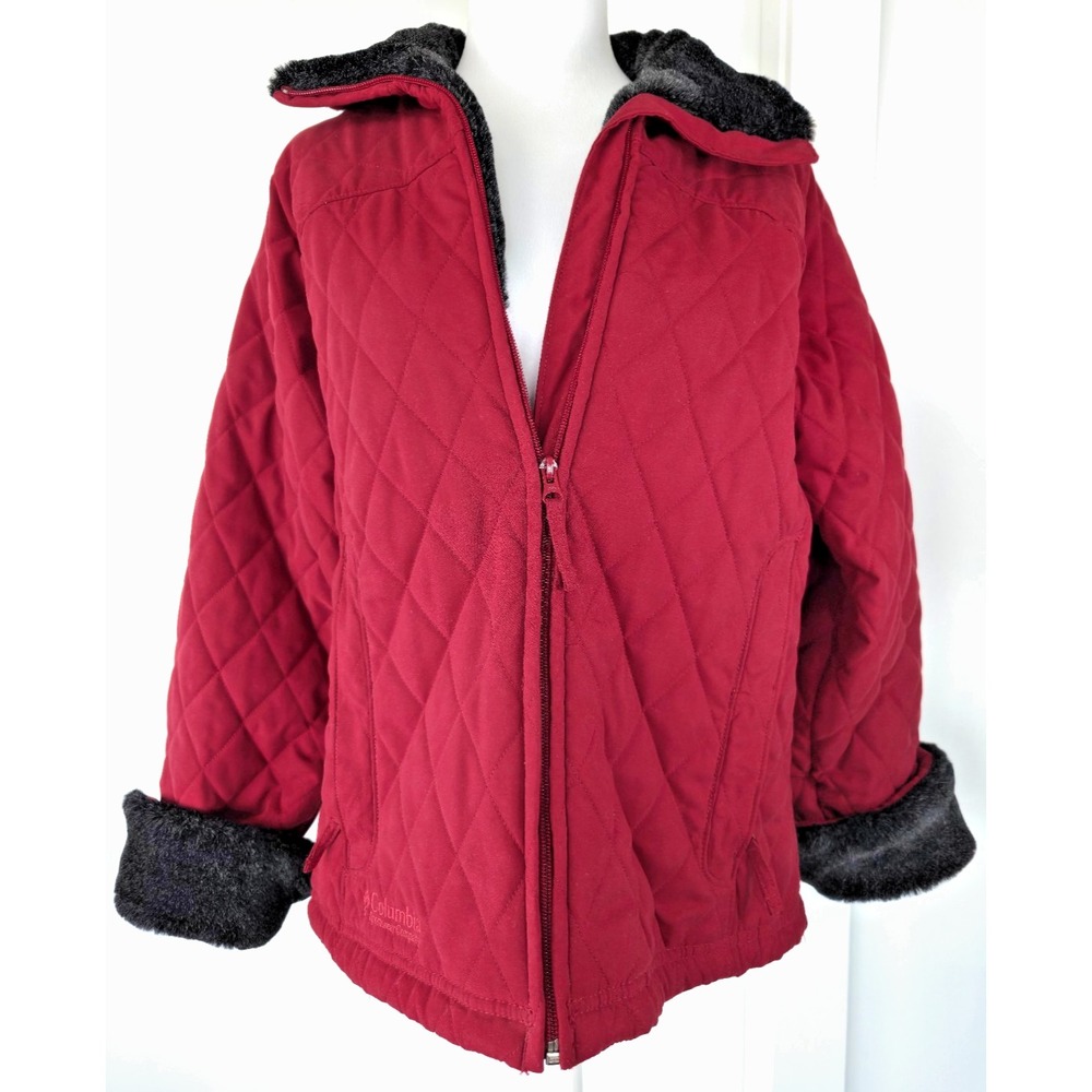 Vintage Columbia Quilted Jacket Fau Fur Collar Sleeves Drawstring Waist Sz M Y2K